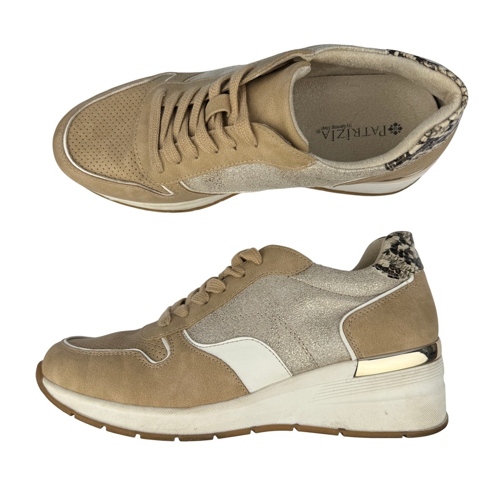 Patrizia Ermeta Tan Suede Sneakers Gold Trim Snake Print‎ Heel Women 38 7.5 8